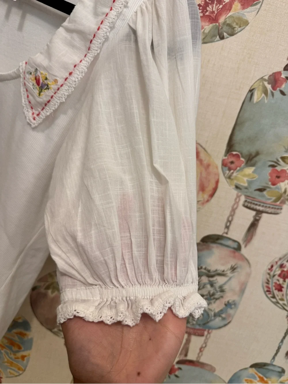 Anthropologie White Puff Sleeve Top with Embroidered Collar